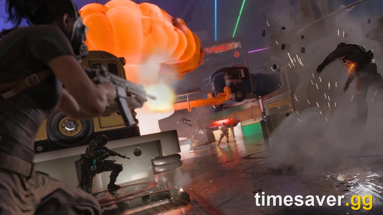 Black Ops 7 Turbo Tilt map from Season 5 Reloaded — the Nuketown-themed pinball arena with giant bumpers and operators in a close-quarters firefight