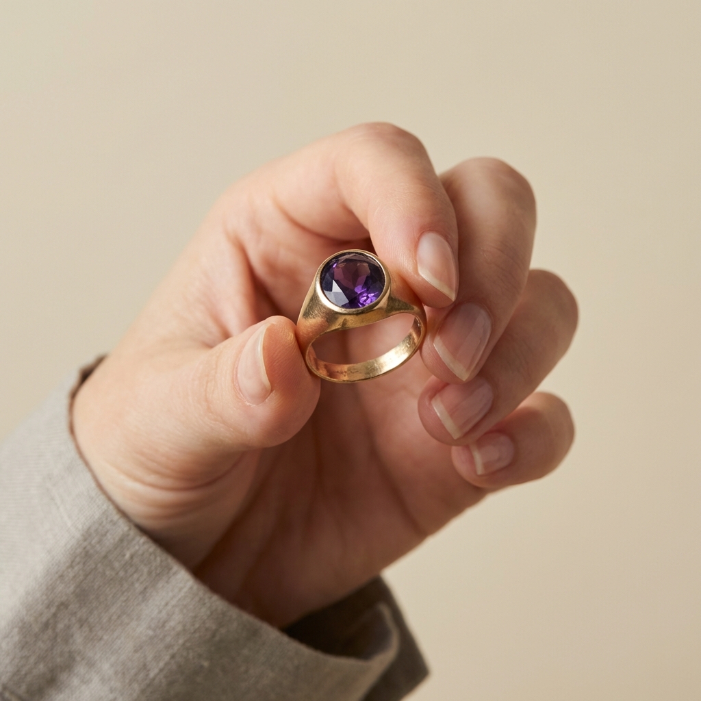 Curator holding an ancient amethyst ring low bezel signet showing shank and bezel details on warm beige background ede7da minimalist composition