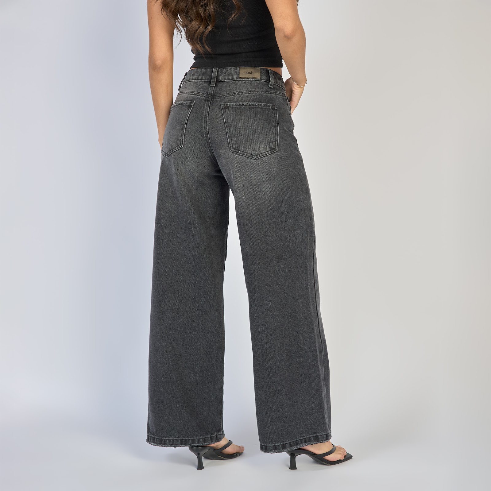 Jean dama wide leg tiro alto rígido, color Gris oscuro - Vista 5