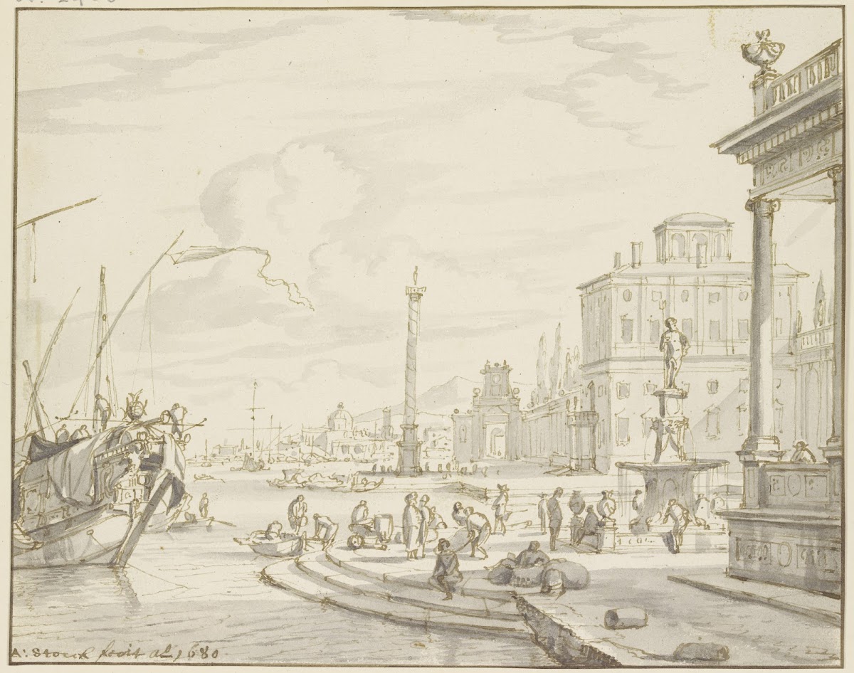 Seehafen mit einem Brunnen und einer Säule 1680