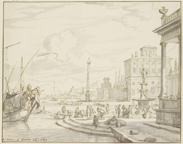 Seehafen mit einem Brunnen und einer Säule 1680