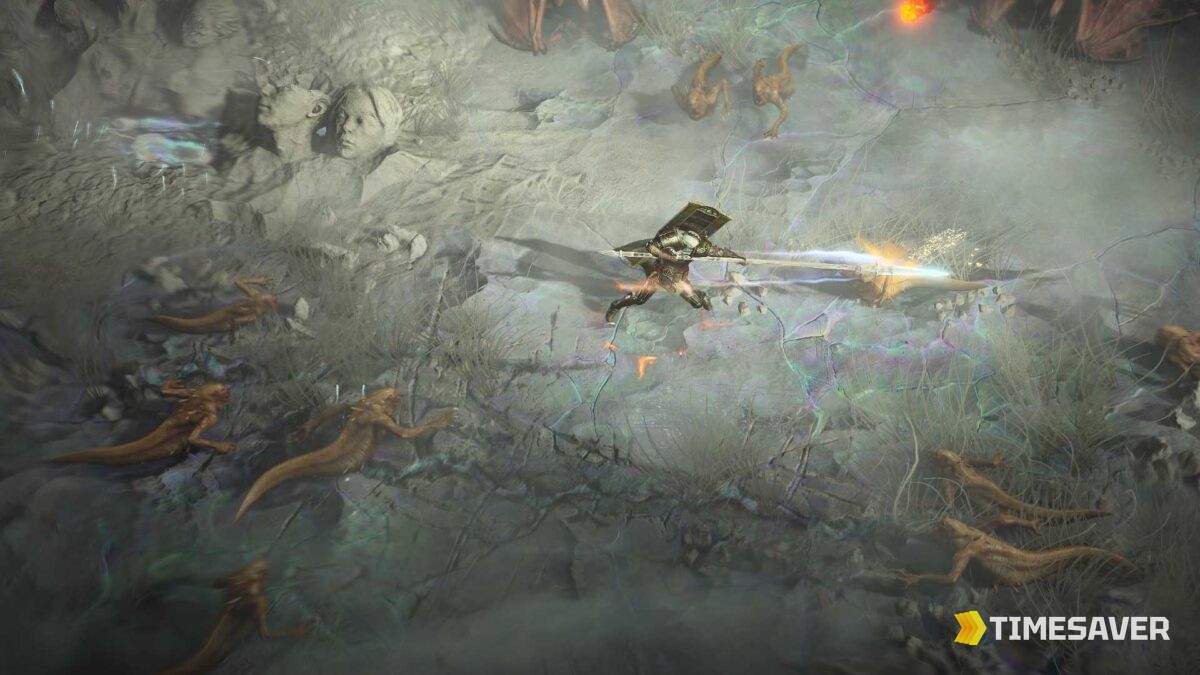 Diablo 4 Echoing Hatred arena — a character cutting through an overflowing horde of demons in the misty Lord of Hatred survival realm