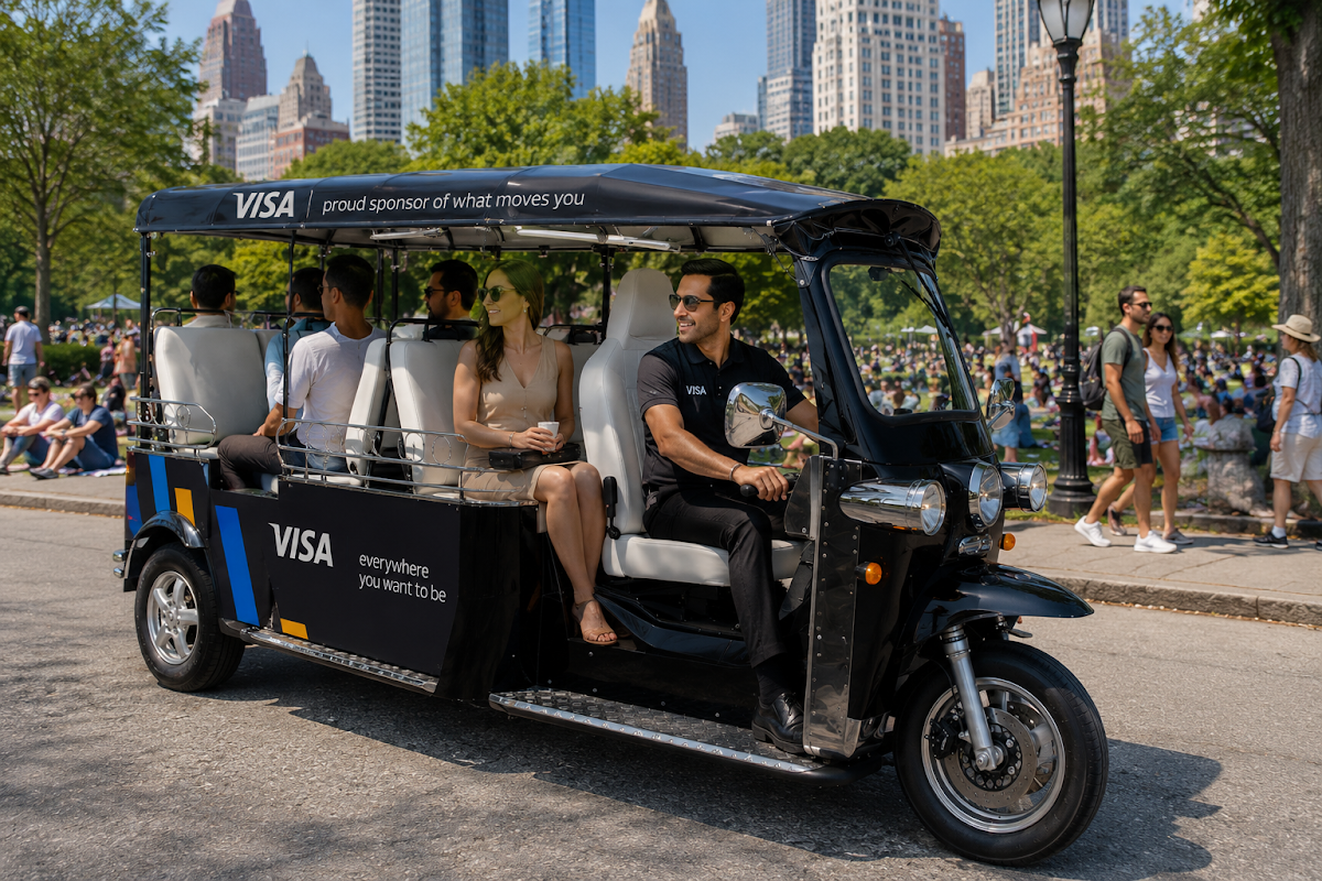 Branded electric eTuks demonstrating a coordinated fleet presentation