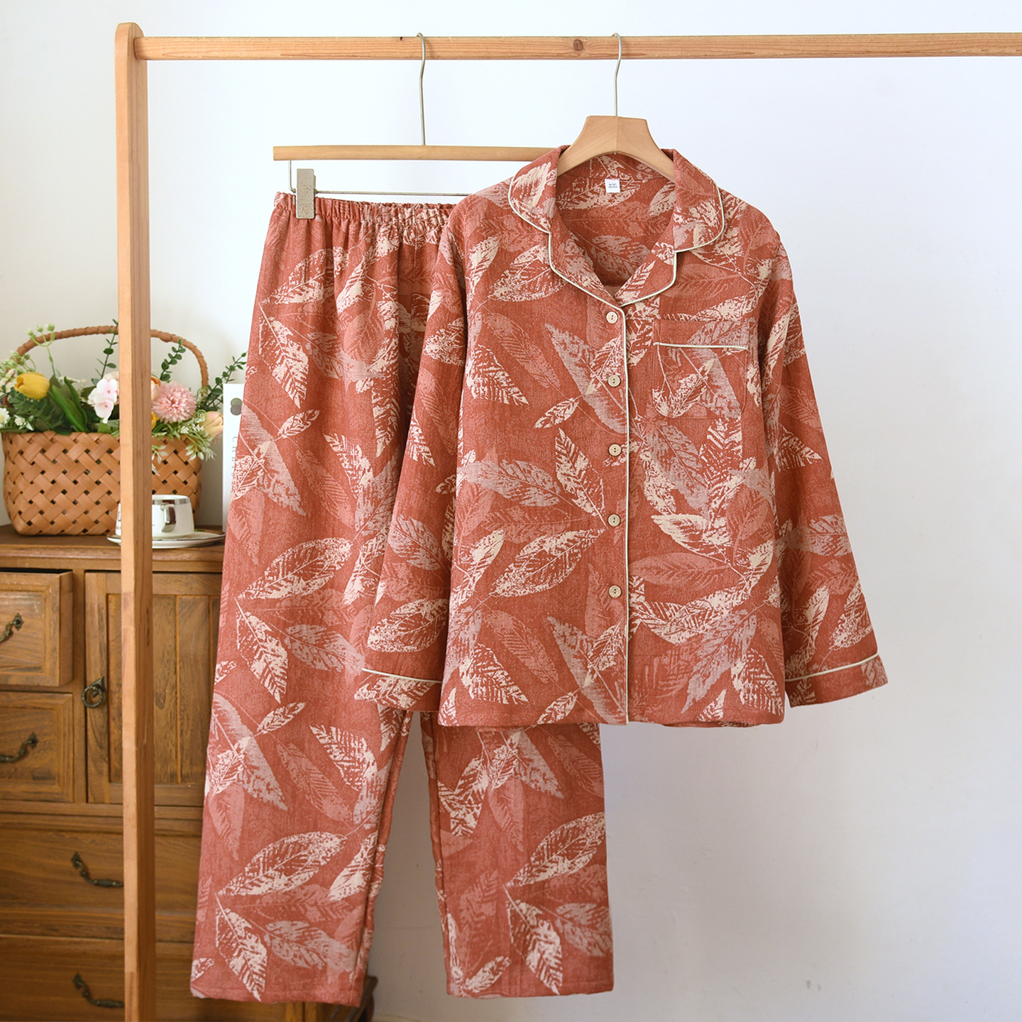 Women's Cotton Pajama Set, Long Sleeves, with Jacquard Pattern