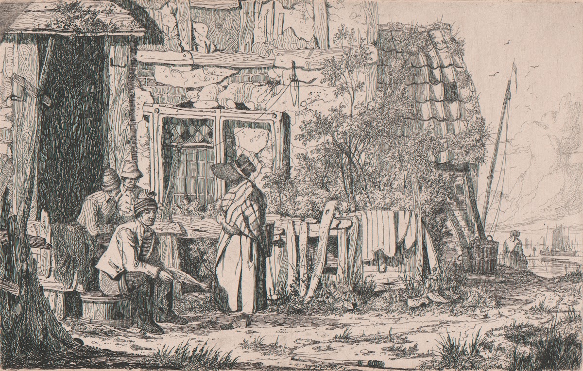 Exterior of a Cottage with a Woman in a Poke Bonnet ca 1826