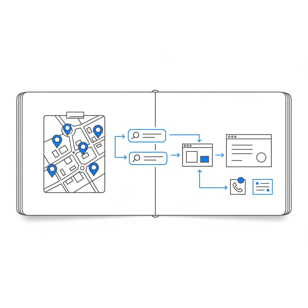 Minimal 2D vector concept board showing a local map with marketer pins, call and form icons, and arrows linking search queries to landing pages in Agency Visible colors &mdash; Google Ads for financial advisors.