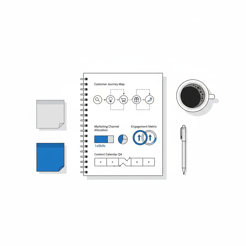 Overhead vector illustration of a tidy desk with notebook sketches mapping media spend, KPIs and a 90-day pilot timeline for an advertising agency
