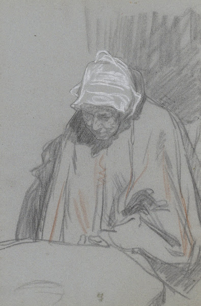 Oudere vrouw zittend aan een tafel het hoofd voorover gebogen 1874   1925