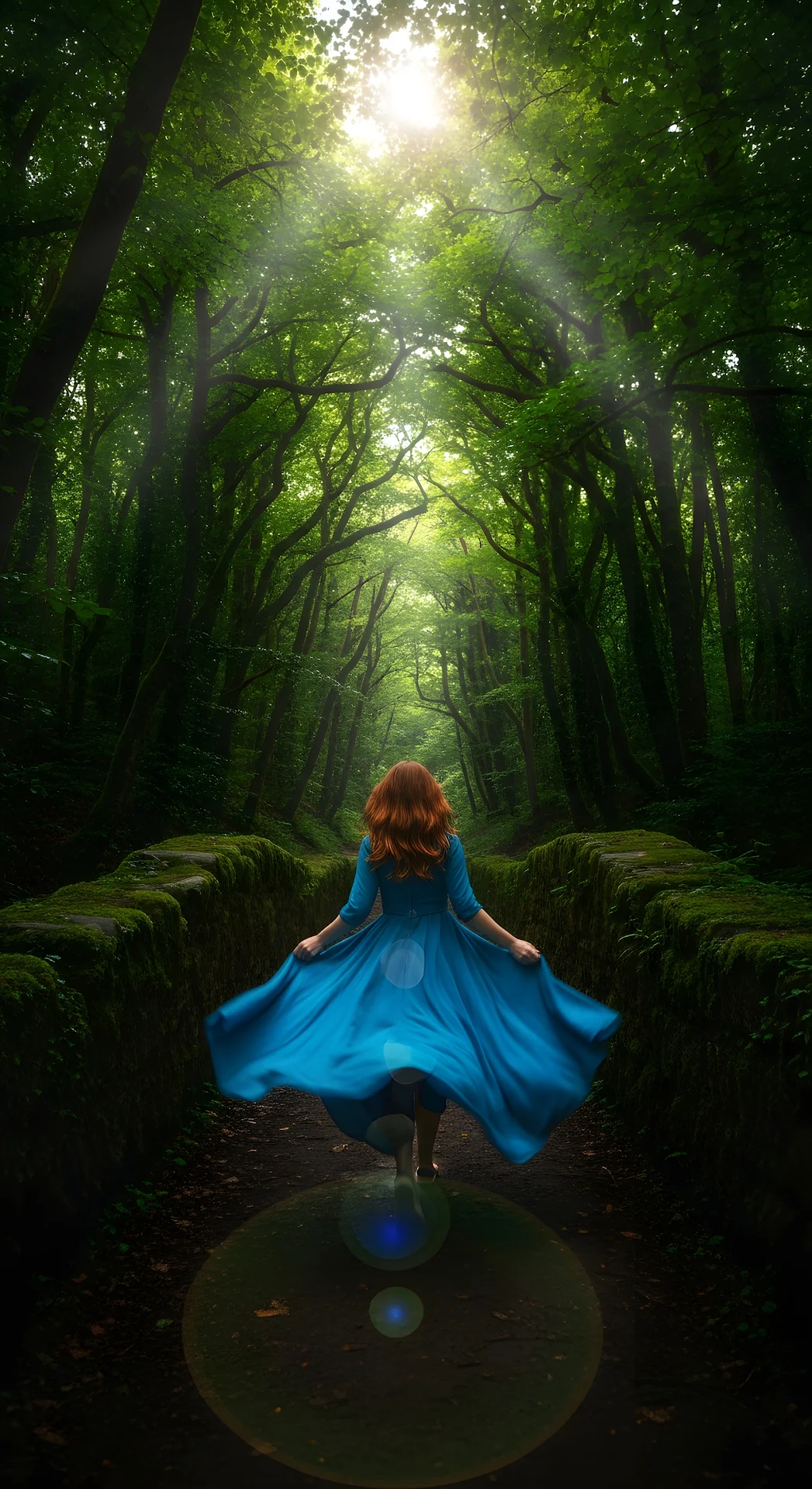 Magical Rear View of a Woman in a Flowing Blue Dress Running Across a Mossy Stone Forest Bridge - Free 4K mobile Wallpaper