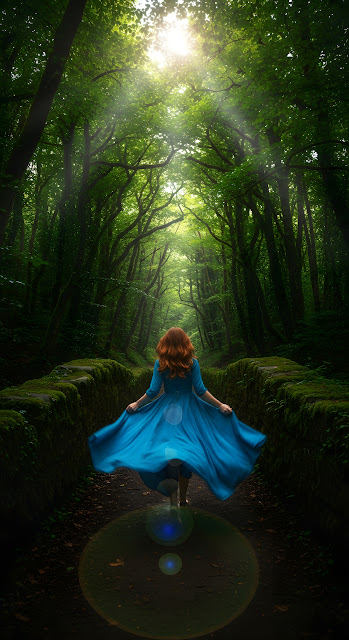 Magical Rear View of a Woman in a Flowing Blue Dress Running Across a Mossy Stone Forest Bridge - Free mobile Wallpaper