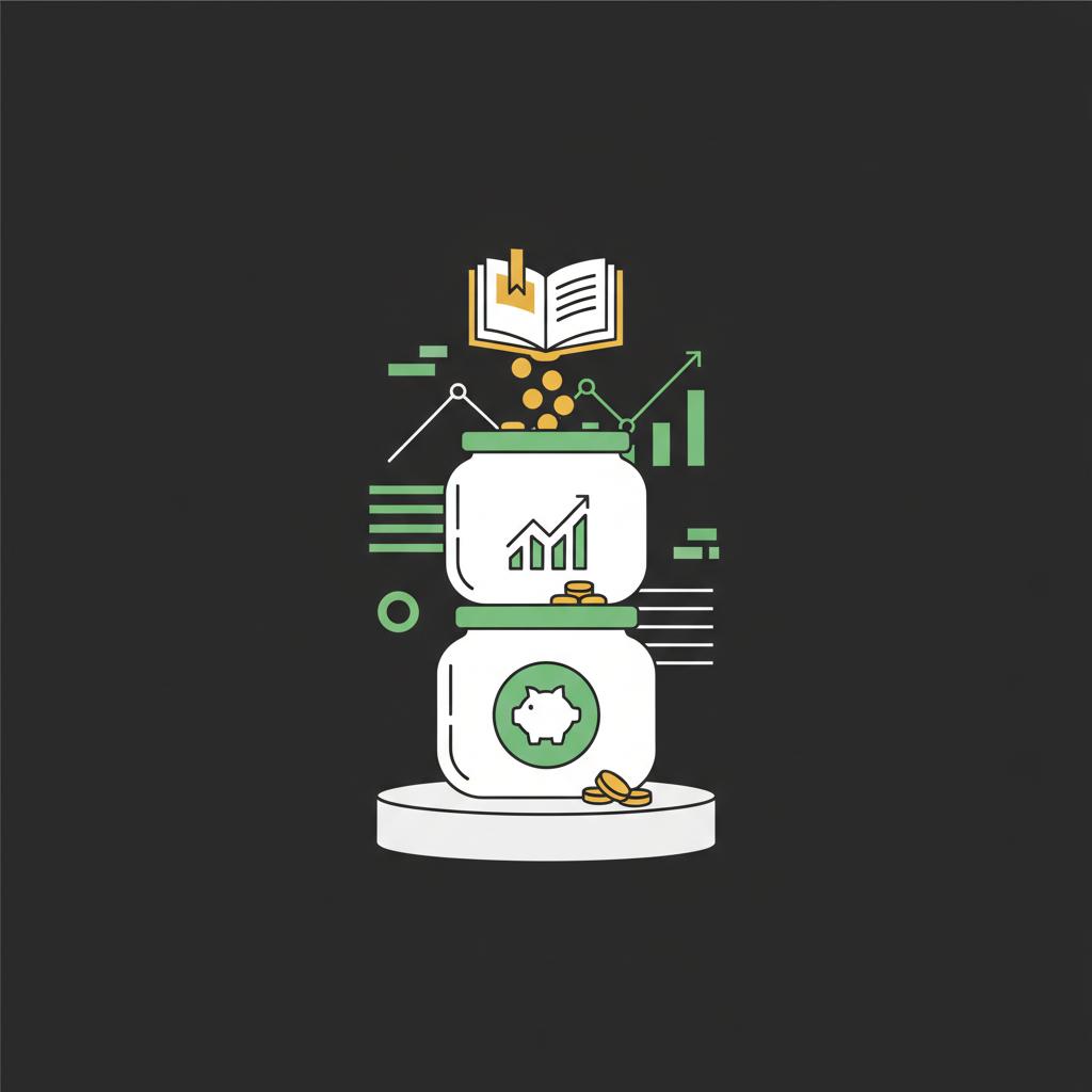 Vector illustration of three stacked jars with pictogram icons for saving investing and learning coins and simple charts how to start investing as a teenager