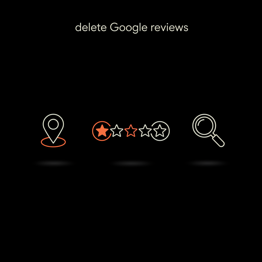 Minimal infographic on black background showing a stylized map pin, five-star rating row and magnifying glass, illustrating how to delete Google reviews