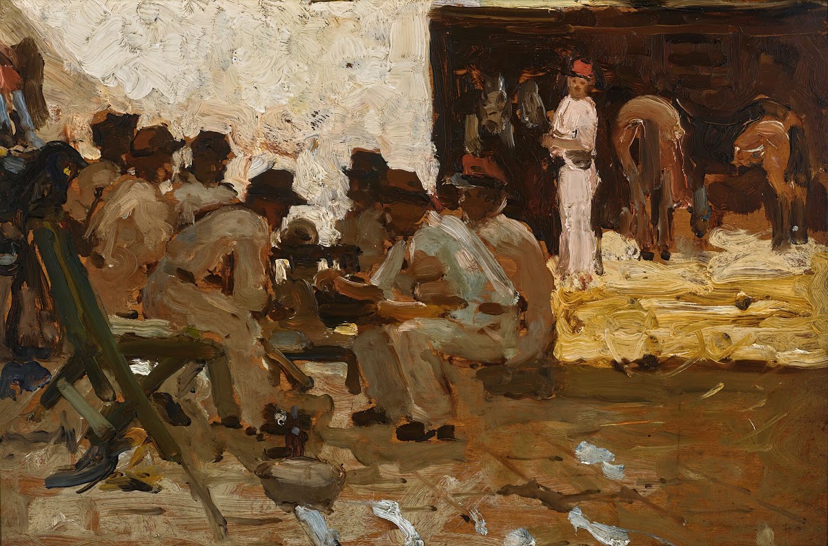 Stable boy with fez soldiers seated Morocco
