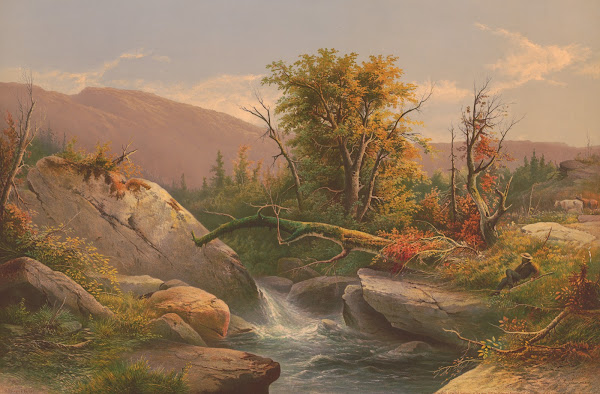 Man reclining with rifle looking at rushing water 1873