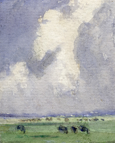 Hoge wolkenlucht boven weilanden 1943