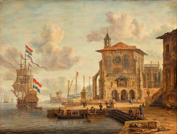 Harbour scene with medieval building 1674