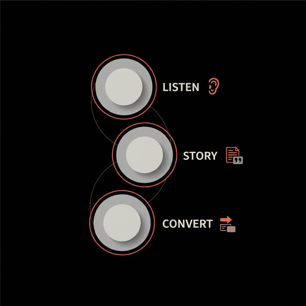 Minimal layered infographic with three circles labeled Listen, Story, Convert on black background with simple icons — How much do Forbes contributors get paid