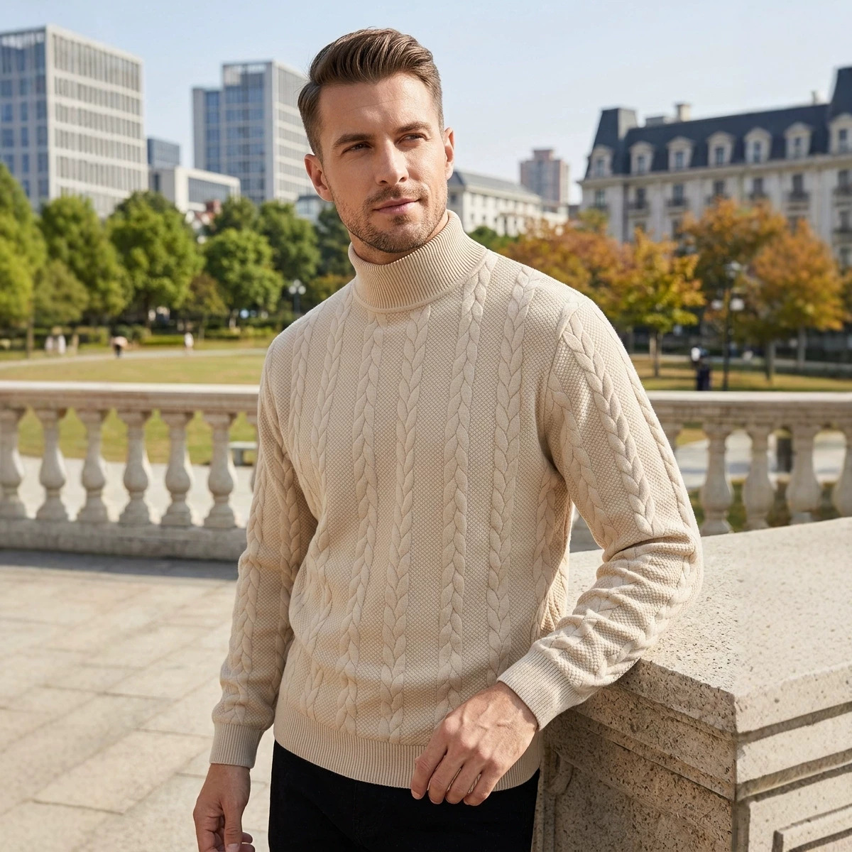 Men's knitted sweater, turtleneck, breathable, sporty