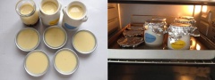 Đổ phần sữa trứng lên trên cơm. Bịt kín miệng cốc, lọ rồi cho vào khay với mực nước bằng nửa khay. Làm nóng lò ở 150 độ C và nướng trong khoảng 40 phút là được. (Bạn cũng có thể hấp nhé).