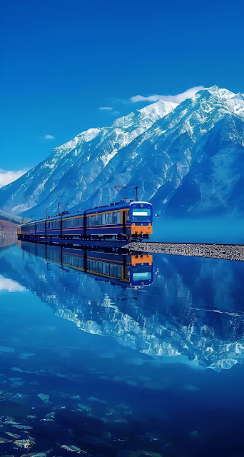 Alpine Train Journey Reflection on Deep Blue Lake - Free mobile Wallpaper