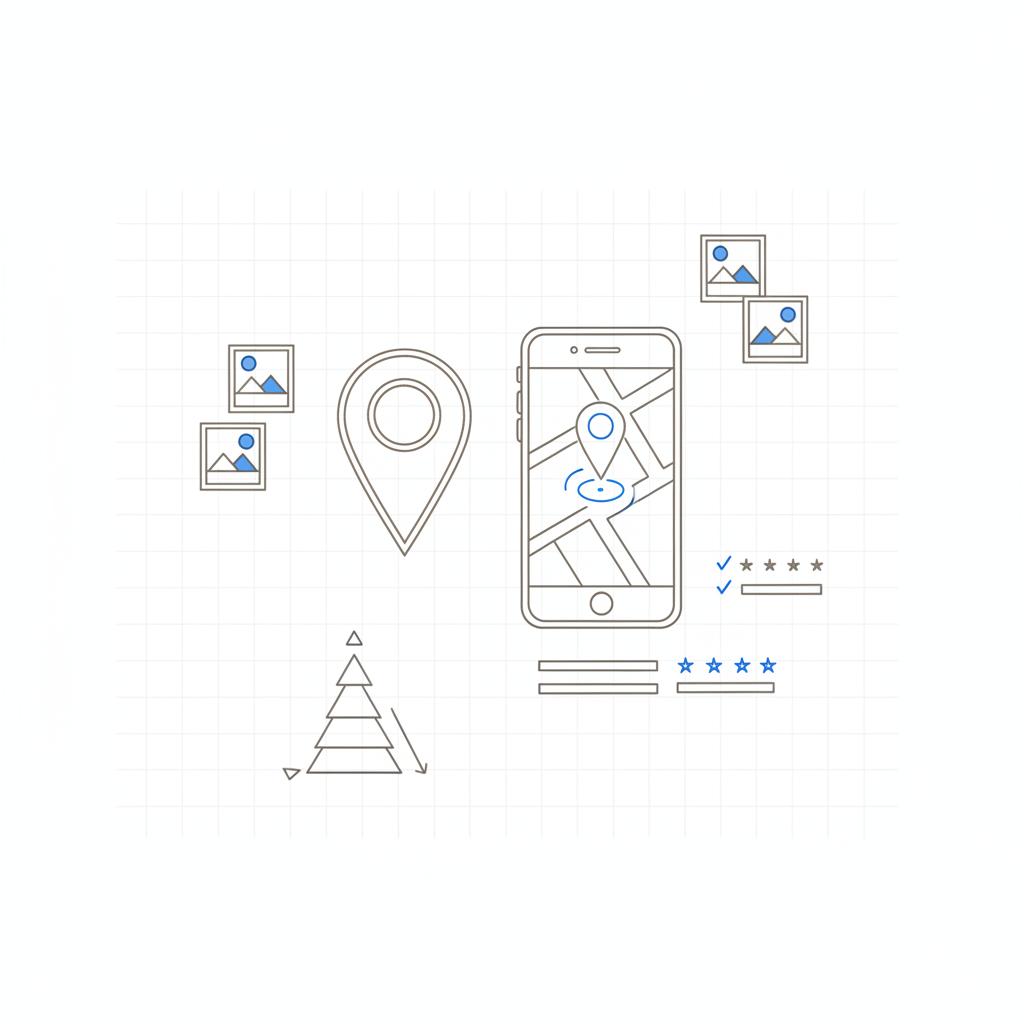 Notebook-style sketch of local marketing elements: map pin, smartphone map mockup, photo and review thumbnails in clean Agency Visible style &mdash; is google business profile free
