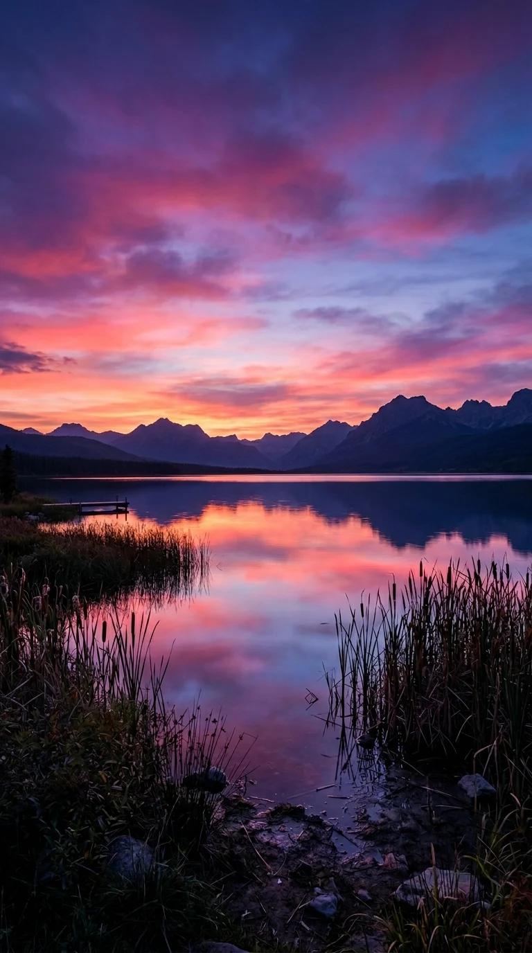 Serene Lakeside Sunset with Vibrant Purple and Pink Sky - Free 4K mobile Wallpaper
