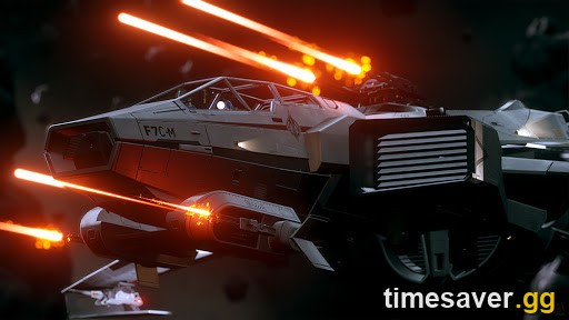 An Anvil F7C-M Super Hornet firing its weapons in combat in Star Citizen