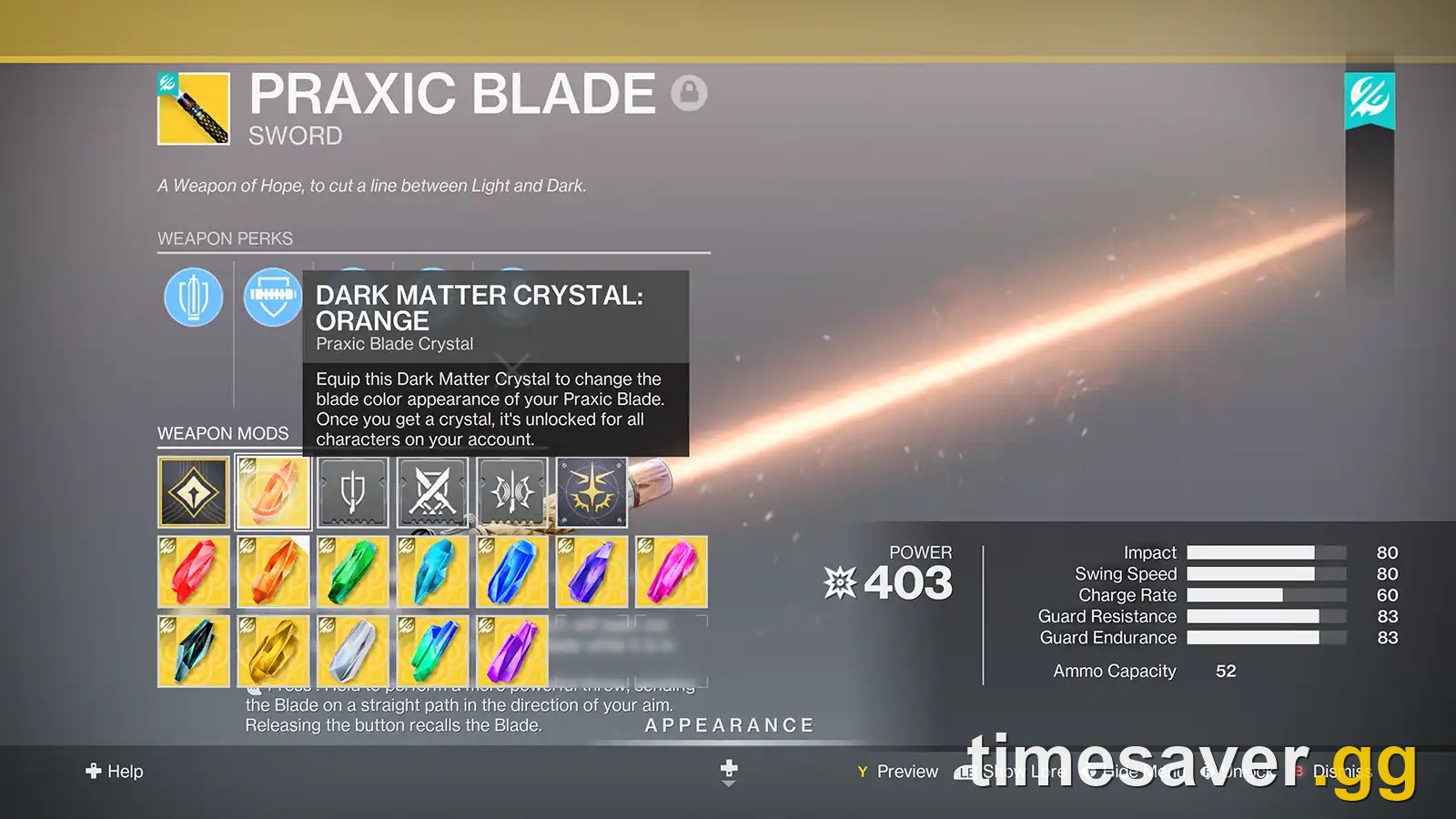 Destiny 2 Praxic Blade customization screen showing a Dark Matter Crystal color mod being equipped to change the blade color