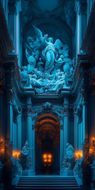 Baroque Angel Sculpture Altar Blue Teal and Orange Lighting - Free mobile Wallpaper