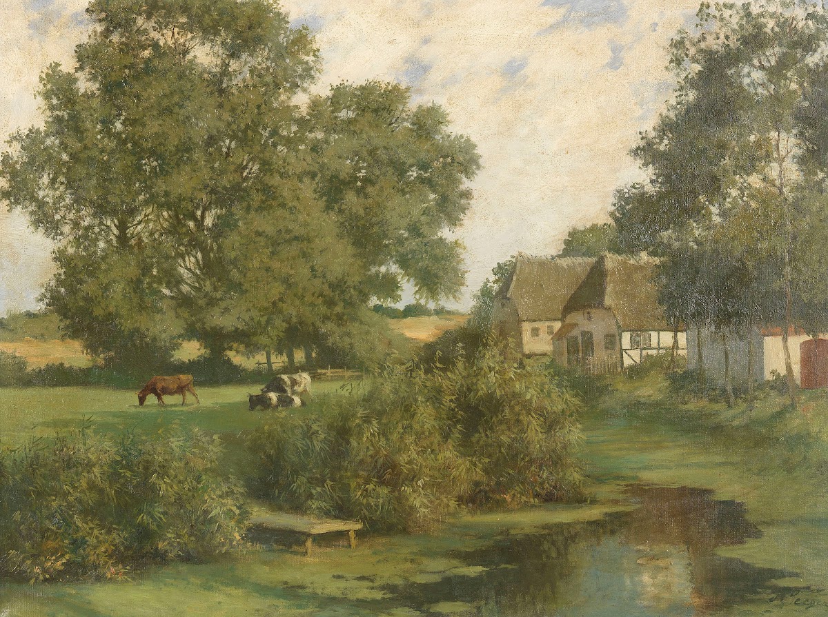 Norddeutsche Landschaft mit Kühen und reetgedeckten Häusern 1920