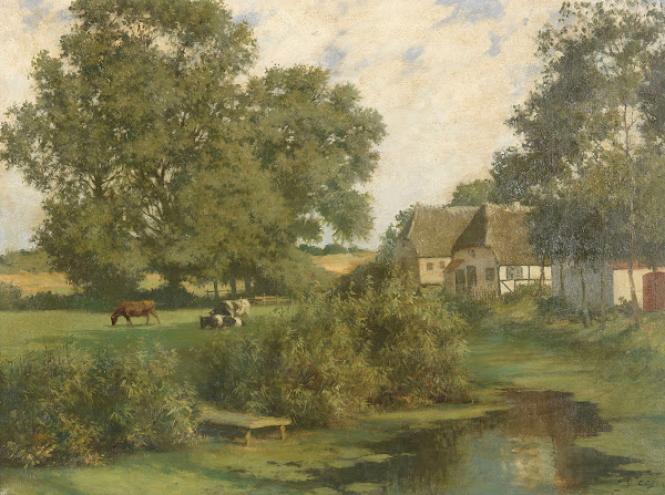 Norddeutsche Landschaft mit Kühen und reetgedeckten Häusern 1920