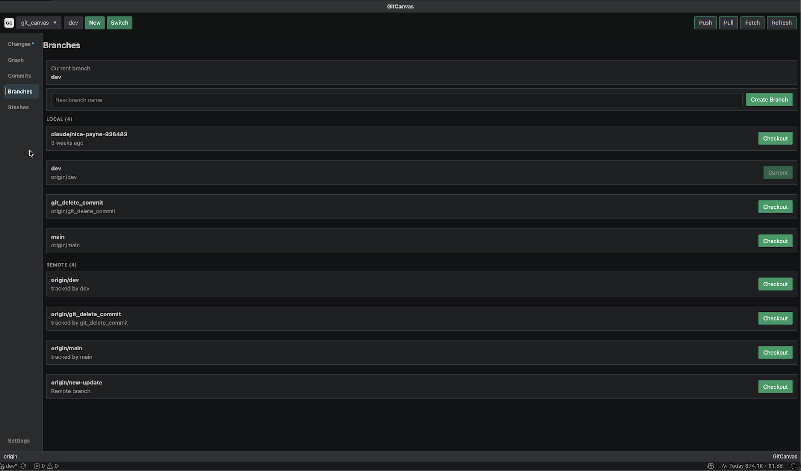 GitCanvas branches view showing local branches, remote branches, current branch state, and checkout actions