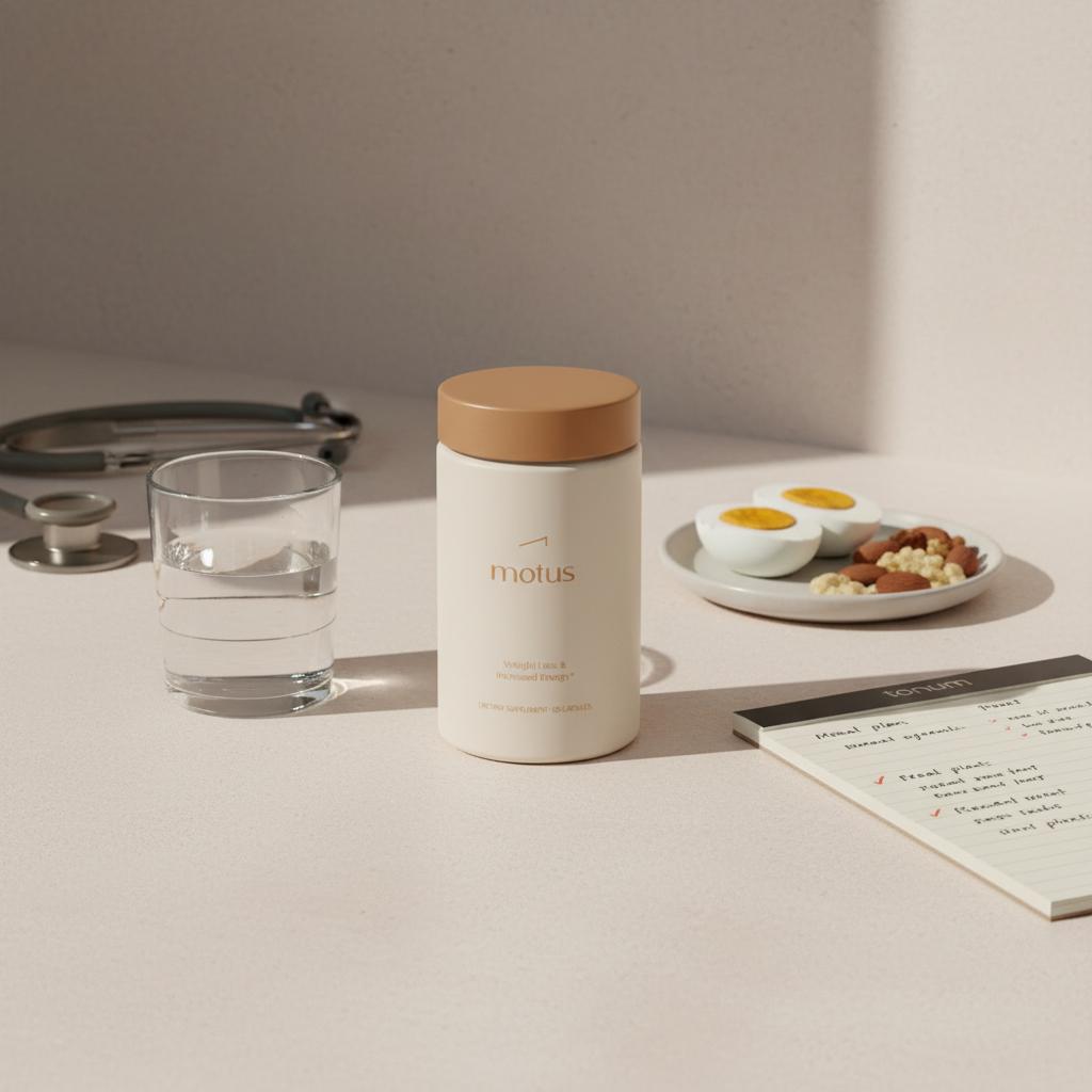 Tonum Motus container on a minimalist countertop with glass of water, notepad, stethoscope and protein snack plate, evoking weight loss liver disease context