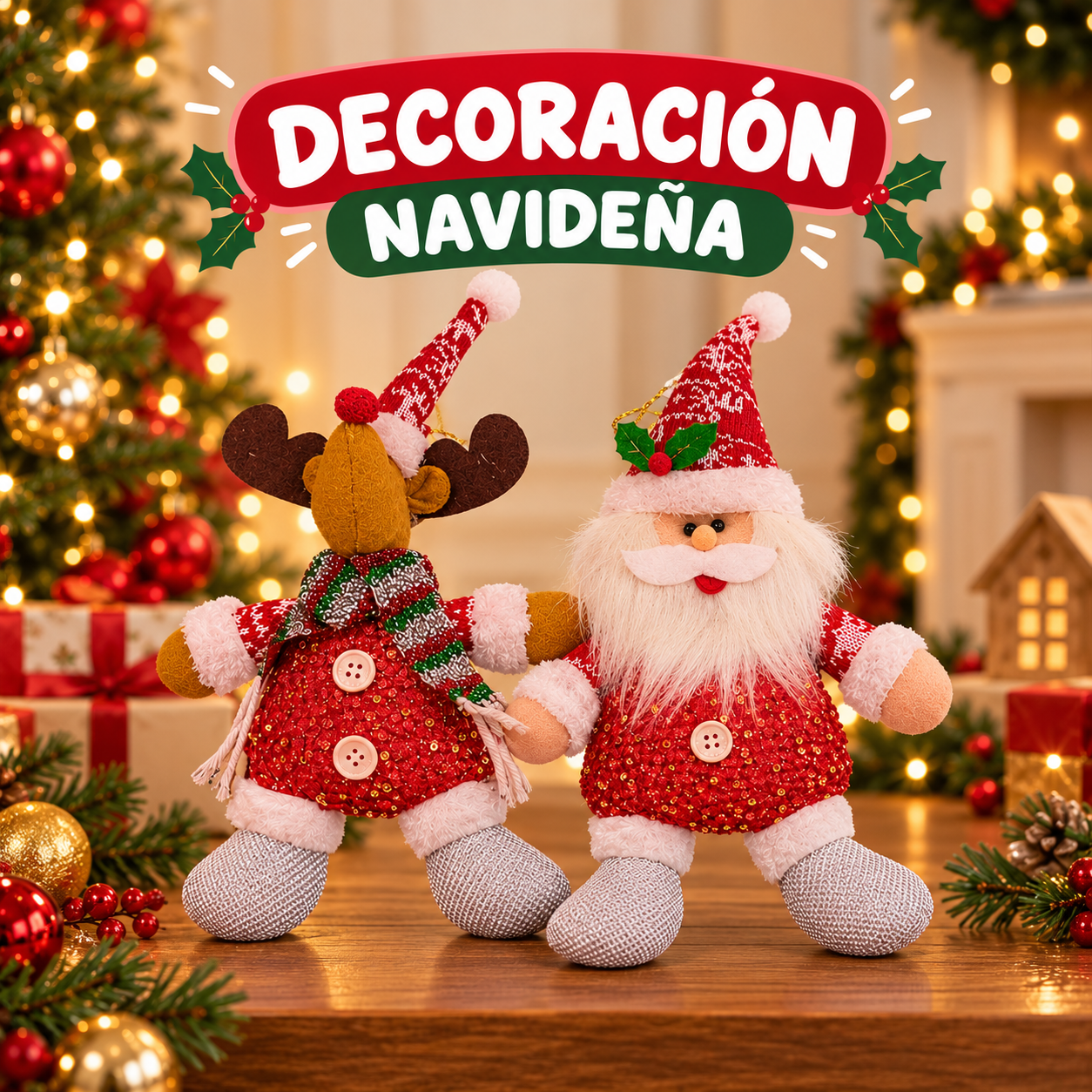 Muñecos sentados de Papá Noel y reno de tela con brillos