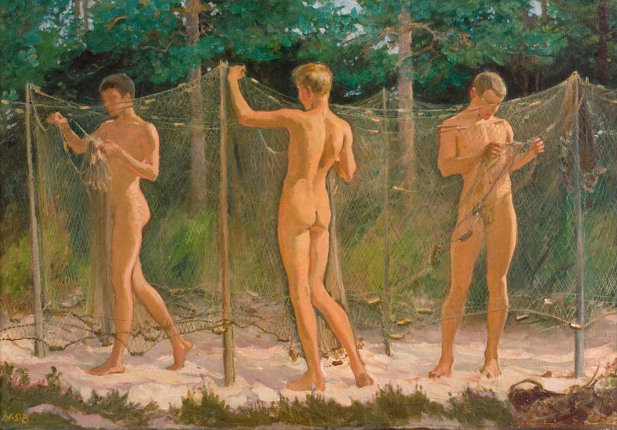 Boys Gathering a Fishing Net between 1915 and 1919