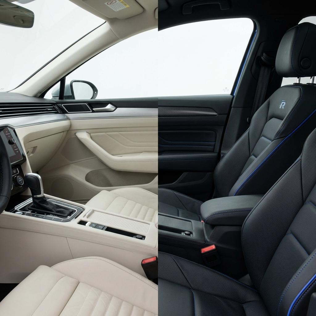 Close up split interior image showing elegance vs r-line comparison left cream leather and chrome right black sport seats with blue 3666ed stitching minimalist white background