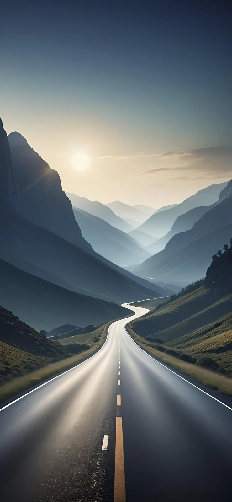 Winding Mountain Road At Sunrise - Landscape Digital Art Full HD iPhone Wallpaper (1284x2778)