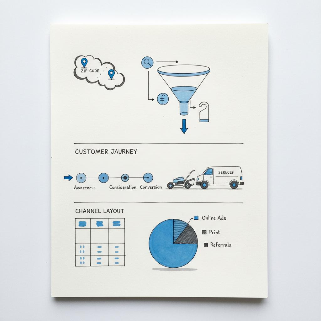Sketchbook page showing lawn care marketing plan: ZIP-code map, funnel diagram and simplified Google, Facebook and door-hanger icons &mdash; how do I advertise my lawn care business
