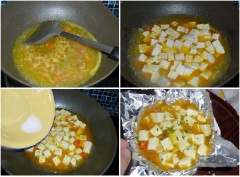 Thêm 1 bát nước, thêm chút muối, rượu, giấm. Đổ đậu vào đun khoảng 3 phút. Hòa bột với nước, đổ vào chảo đun cho nước sánh là được. Đổ ra bát, thêm chút hành lá đã thái nhỏ vào cho thơm.