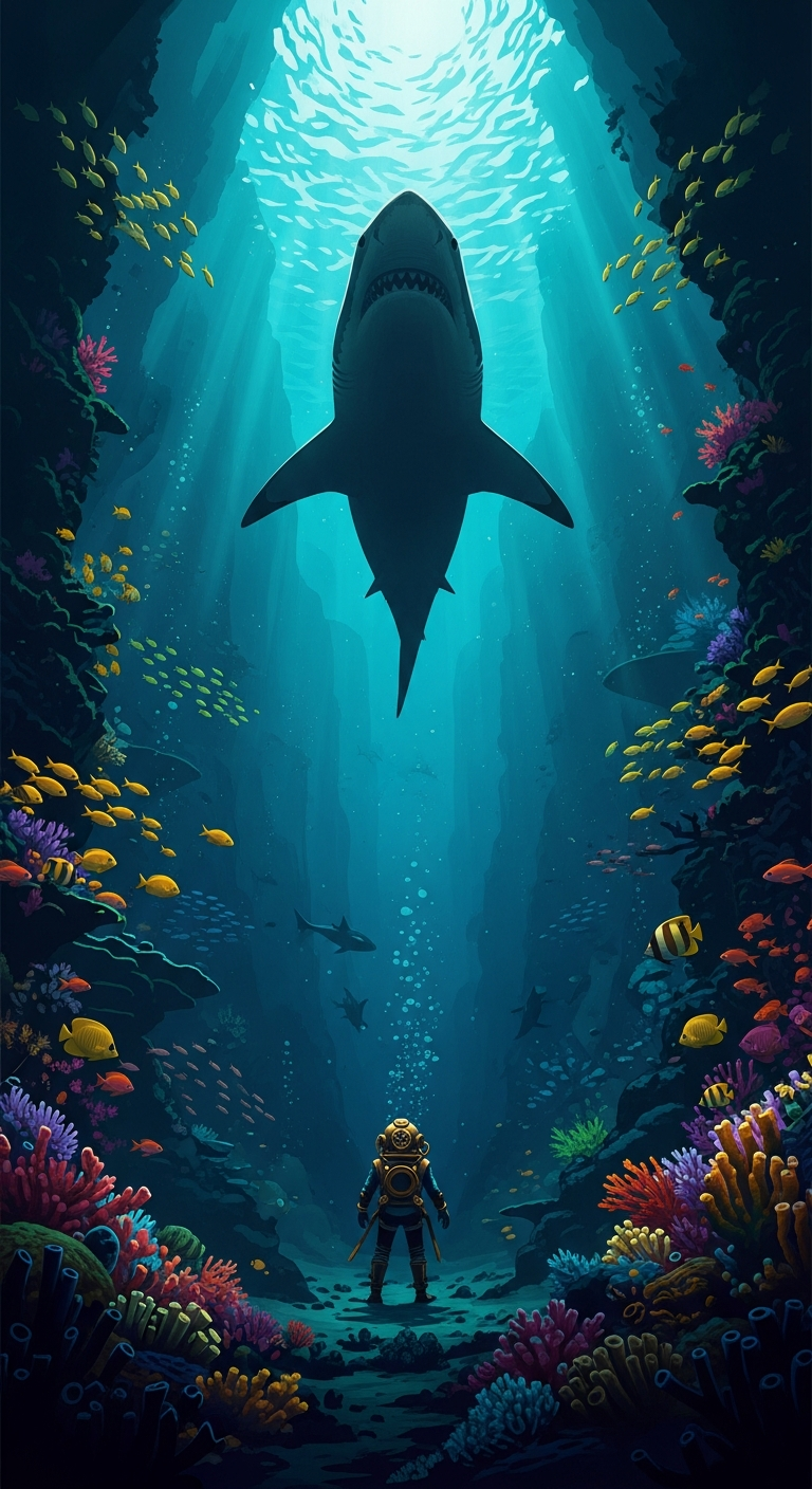 Dramatic Underwater Illustration of a Deep Sea Diver and Giant Great White Shark - Free 4K mobile Wallpaper