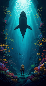 Dramatic Underwater Illustration of a Deep Sea Diver and Giant Great White Shark