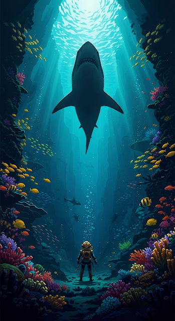 Dramatic Underwater Illustration of a Deep Sea Diver and Giant Great White Shark - Free mobile Wallpaper