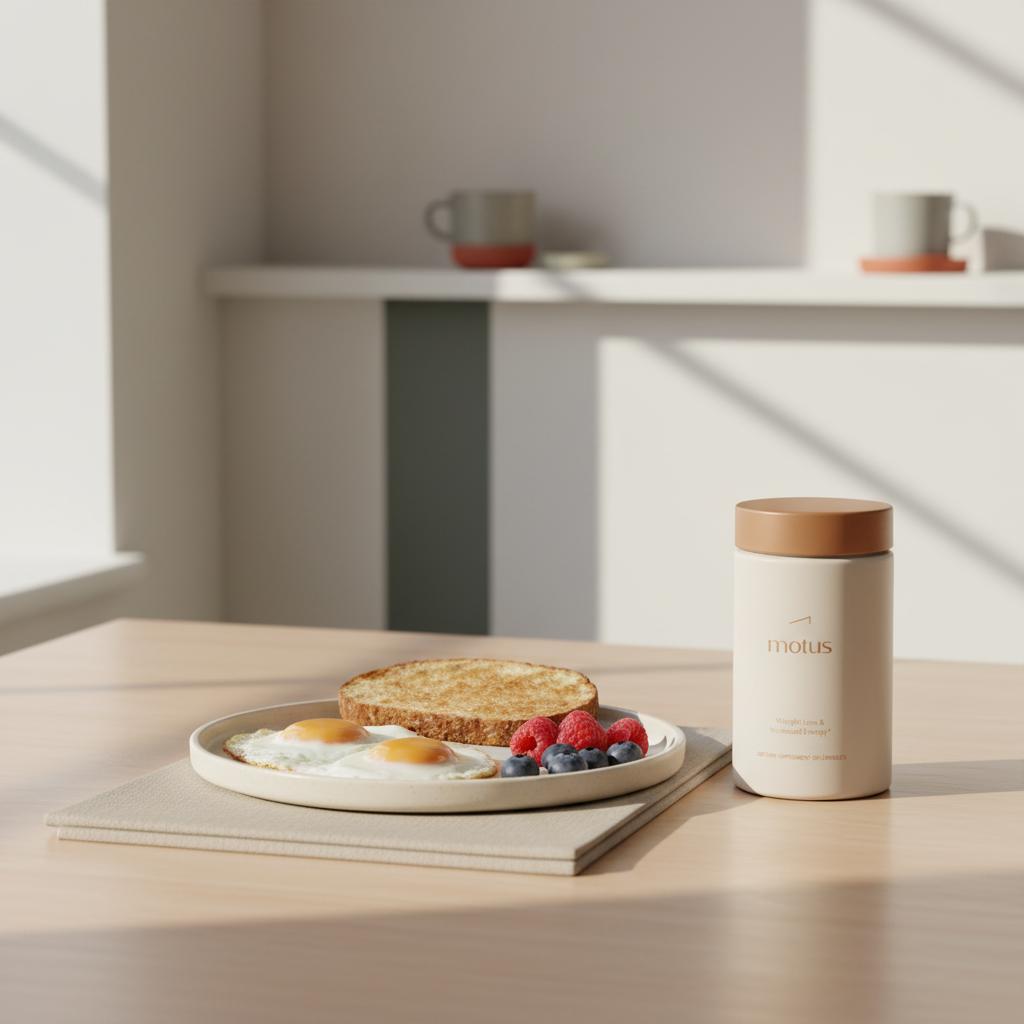 Tonum Motus bottle beside a balanced breakfast plate (eggs, whole-grain toast, berries) on a tidy kitchen table, suggesting support for sugar cravings.