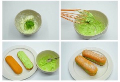 Cho bánh vào lò nướng nướng ở 180 độ C trong khoảng 12-15 phút hoặc cho đến khi bánh chín vàng là được. Lấy bánh ra rack để nguội. Cho bơ và kem phô mai vào âu để mềm, tiếp đó cho đường bột. Dùng máy đánh trứng đánh mịn kem.