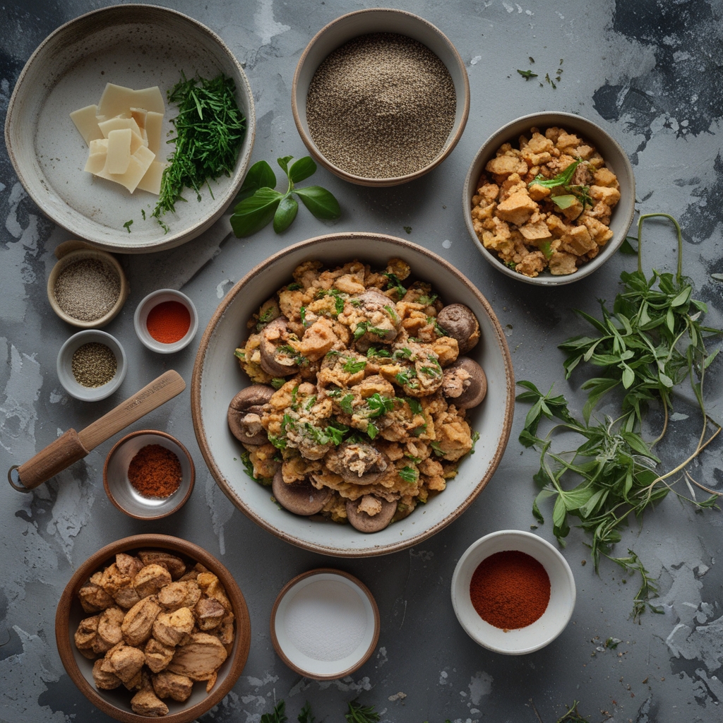 Ingredients for Stuffed Mushroom Casserole Easy Comfort Food Family Recipe