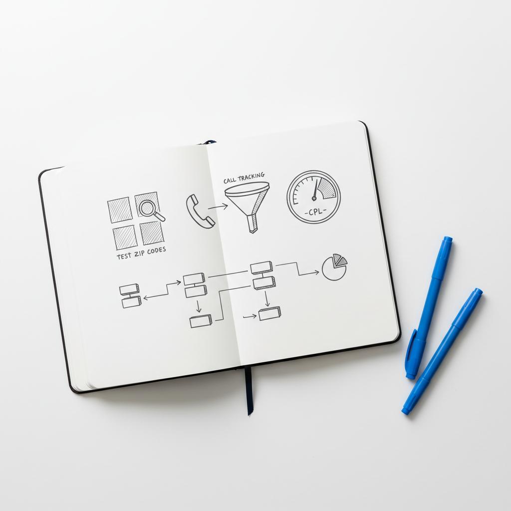 Top-down open notebook with sketched local-marketing checklist icons (zip-code grid, phone funnel, CPL gauge), minimalist Agency Visible style with blue accents, LSA