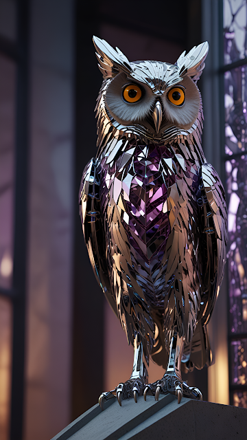 Futuristic Chrome Owl Sculpture with Purple Accents - Free mobile Wallpaper