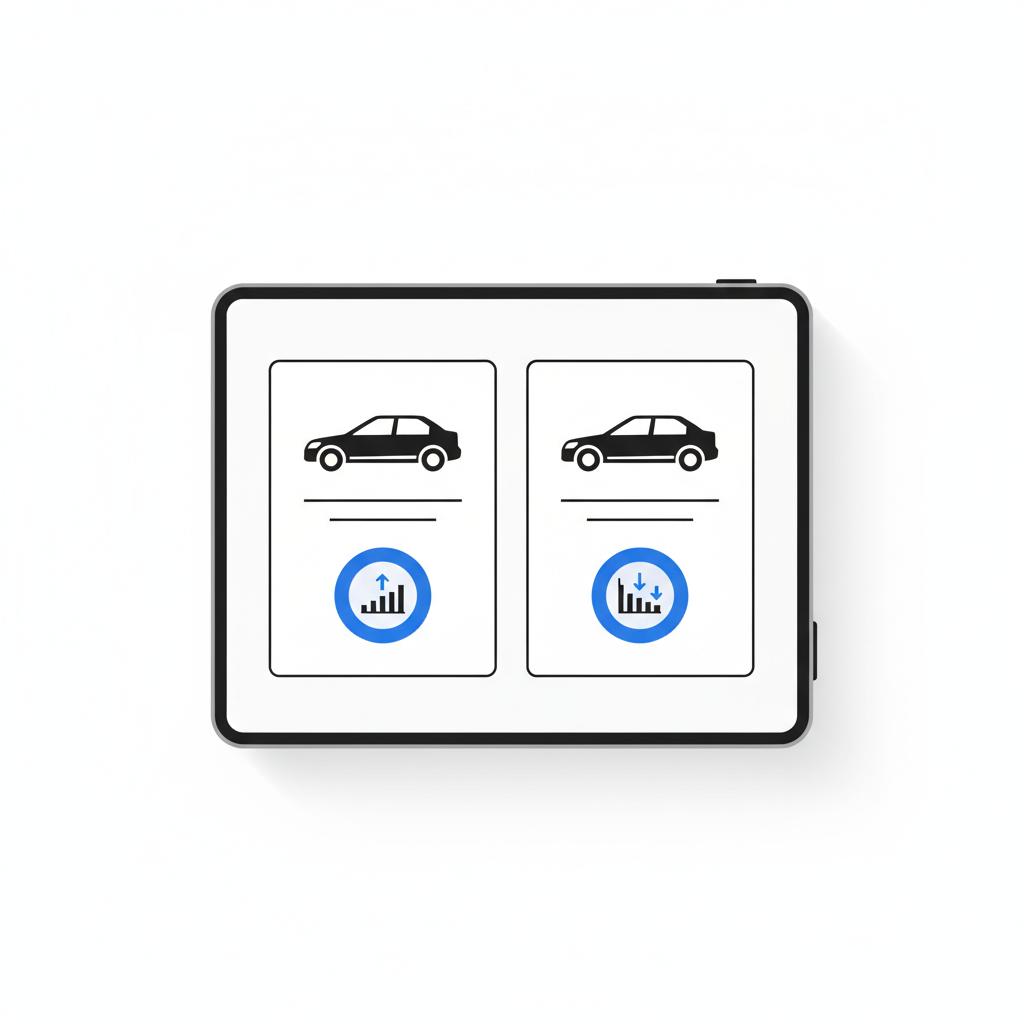 infiniti q50 for sale side by side tablet comparison with two minimalist vector listing cards and icon only price analysis badges in CarFax Deals blue on white background