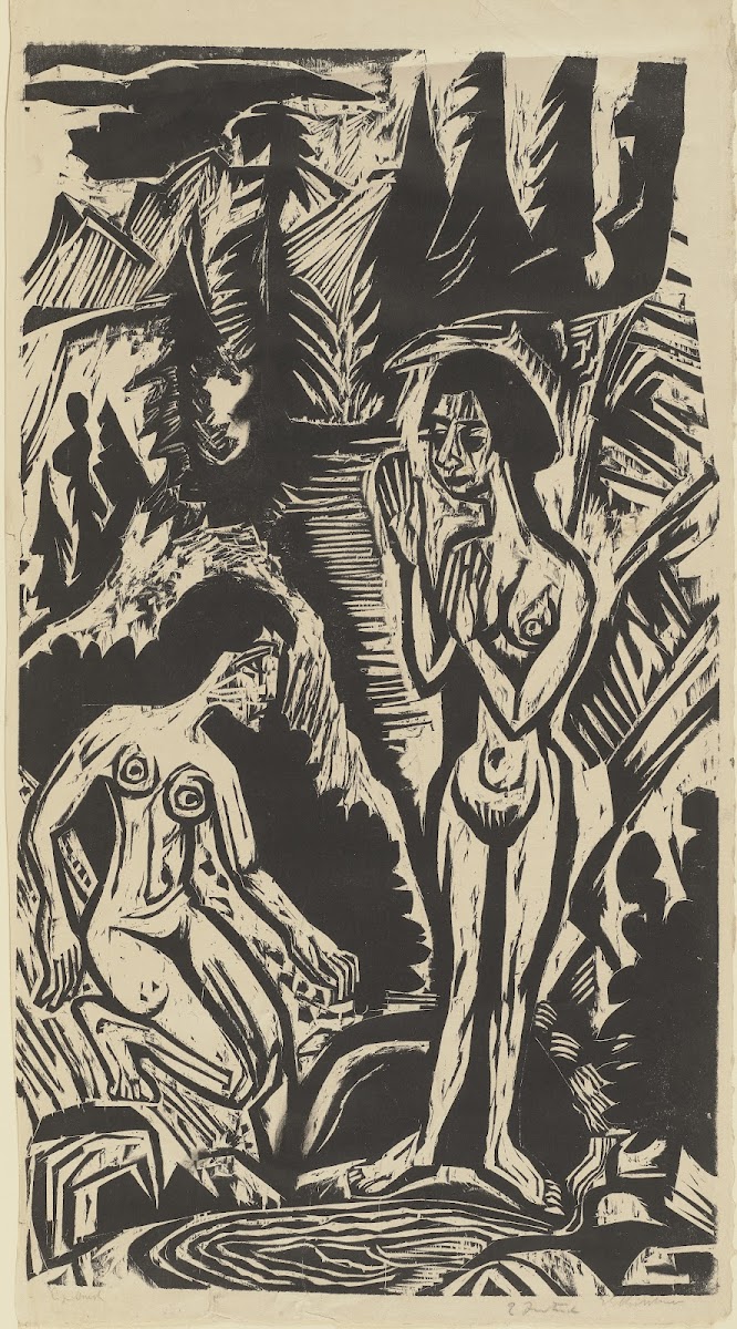 Zwei badende Frauen im Felsenbach 1921