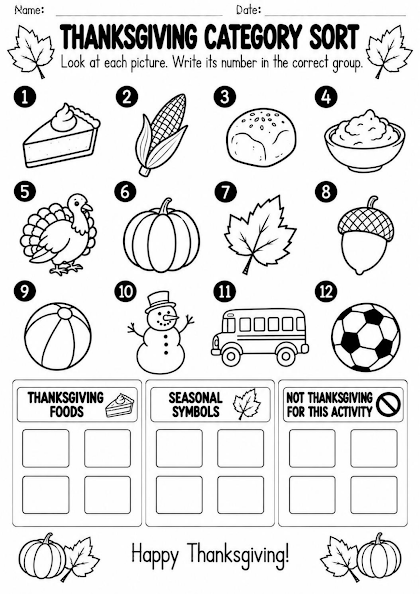 Thanksgiving Food and Symbol Sort Worksheet